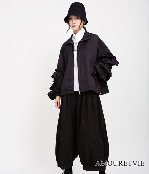 バブルスリーブフリルブルゾン ジャケット 黒 ブラック /レディース モレビー|モード系ファッションブランド