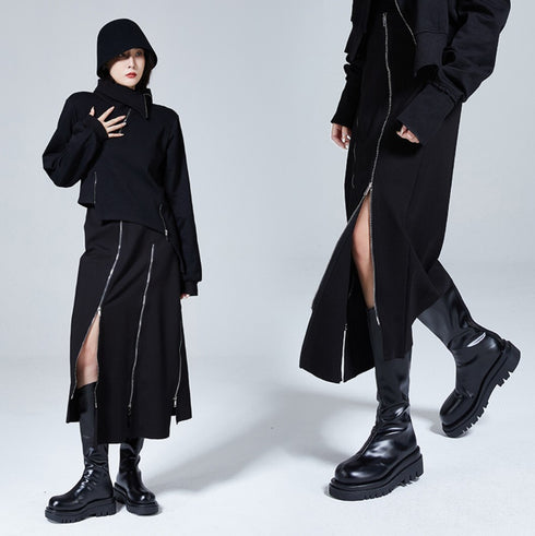 アシンメトリーファスナースタイルロングスカート ブラック 黒 /レディース モレビー|モード系ファッションブランド