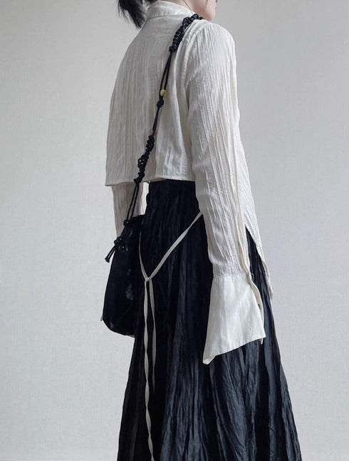 中性的 シワ加工モダンロングシャツ ホワイト ブラック /ユニセックス ・メンズ モレビー|モード系ファッションブランド