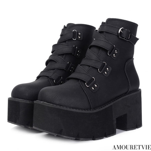 レザーブーツ ショートブーツ 防水 厚底 バックル 黒 ブラック ブラウン /レディース モレビー|モード系ファッションブランド