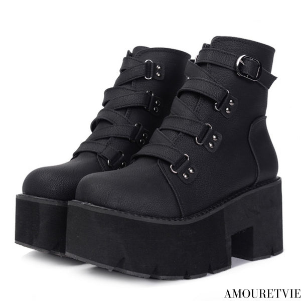 レザーブーツ ショートブーツ 防水 厚底 バックル 黒 ブラック ブラウン /レディース モレビー|モード系ファッションブランド
