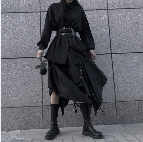 中性的 長袖シャツ ロングスカート ベルト付き ブラック ゴシック /ユニセックス ・メンズ モレビー|モード系ファッションブランド
