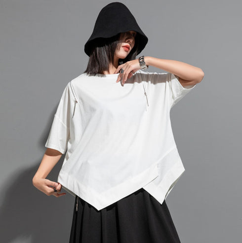 アシンメトリー半袖Tシャツ/カットソー ブラック ホワイト /レディース モレビー|モード系ファッションブランド