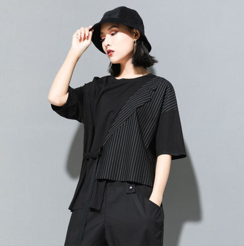 五分袖Tシャツ/カットソー ストライプ アシンメトリー /ユニセックス モレビー|モード系ファッションブランド