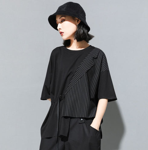 五分袖Tシャツ/カットソー ストライプ アシンメトリー /ユニセックス モレビー|モード系ファッションブランド