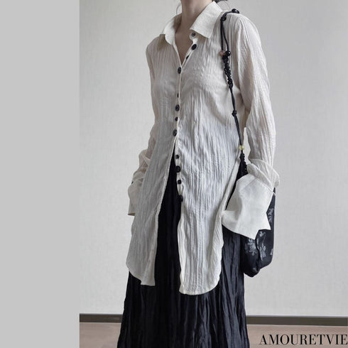 中性的 シワ加工モダンロングシャツ ホワイト ブラック /ユニセックス ・メンズ モレビー|モード系ファッションブランド