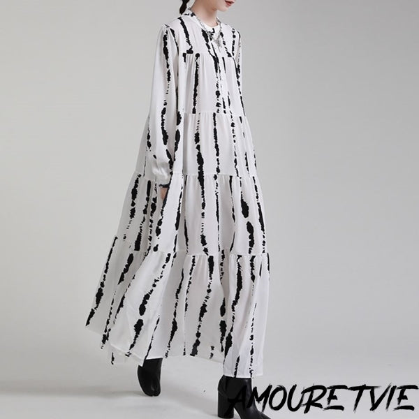 ゆったりストライプ白黒ロングワンピース ビッグシルエット /レディース モレビー|モード系ファッションブランド