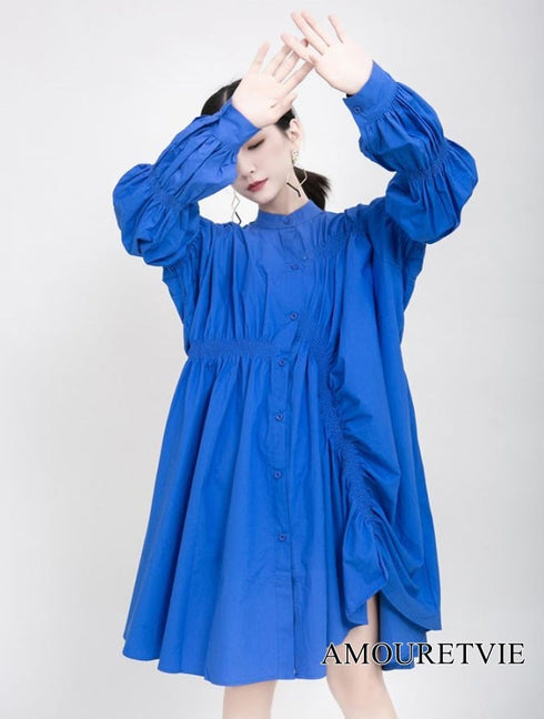 ミディ丈ギャザー仕様ワンピース アシンメトリーシャツワンピース ドレス /レディース モレビー|モード系ファッションブランド