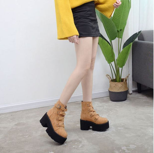 レザーブーツ ショートブーツ 防水 厚底 バックル 黒 ブラック ブラウン /レディース モレビー|モード系ファッションブランド