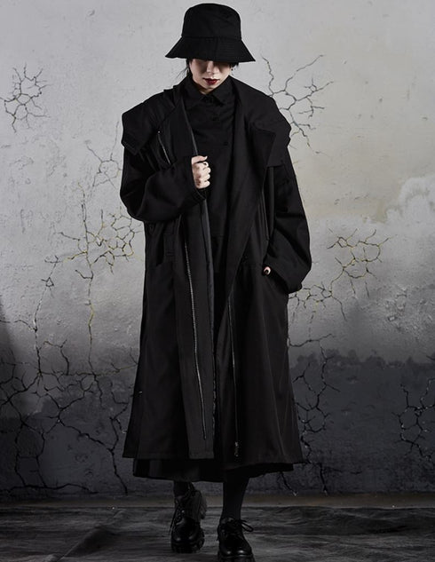 モダンブラックロングコート フード付き /ユニセックス ・メンズ モレビー|モード系ファッションブランド