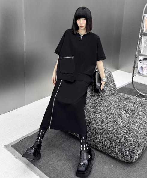 アシンメトリーセットアップ 上下セット 半袖シャツ ロングスカート ブラック /レディース モレビー|モード系ファッションブランド