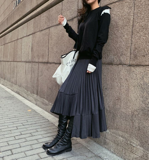 レイヤード風アシンメトリープリーツロングスカート ブラック 黒 /レディース モレビー|モード系ファッションブランド