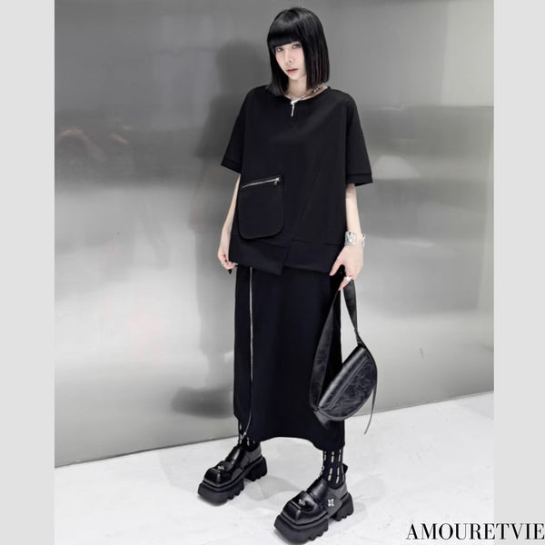 アシンメトリーセットアップ 上下セット 半袖シャツ ロングスカート ブラック /レディース モレビー|モード系ファッションブランド