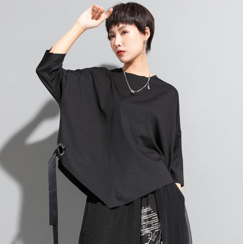 ヘムアシンメトリー七分袖Tシャツ/カットソー ホワイト ブラック /レディース モレビー|モード系ファッションブランド