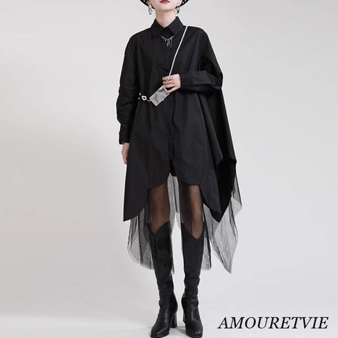 メッシュ仕様ミディ丈ワンピース ブラック ホワイト /レディース モレビー|モード系ファッションブランド