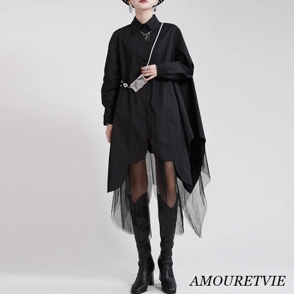 メッシュ仕様ミディ丈ワンピース ブラック ホワイト /レディース モレビー|モード系ファッションブランド