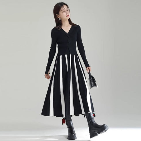 ストライプモノトーンニット白黒ロングスカート /レディース モレビー|モード系ファッションブランド