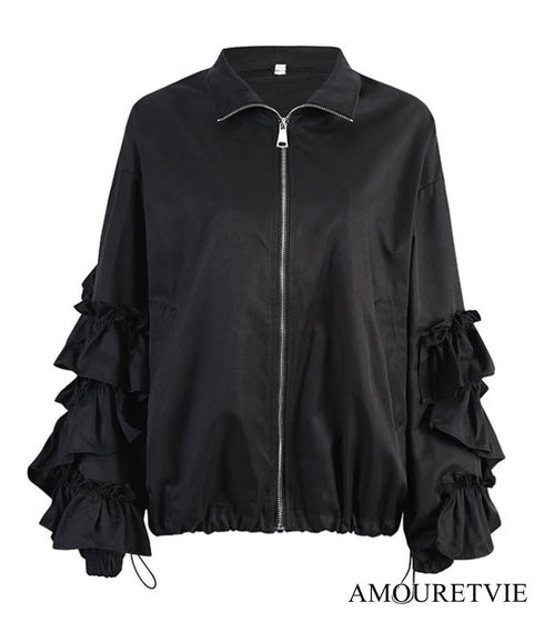 バブルスリーブフリルブルゾン ジャケット 黒 ブラック /レディース モレビー|モード系ファッションブランド