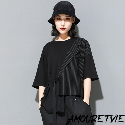 五分袖Tシャツ/カットソー ストライプ アシンメトリー /ユニセックス モレビー|モード系ファッションブランド