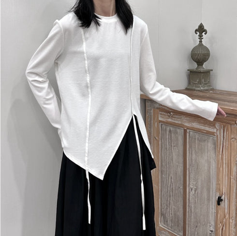 アシンメトリー長袖Tシャツ/カットソー ブラック ホワイト /レディース モレビー|モード系ファッションブランド