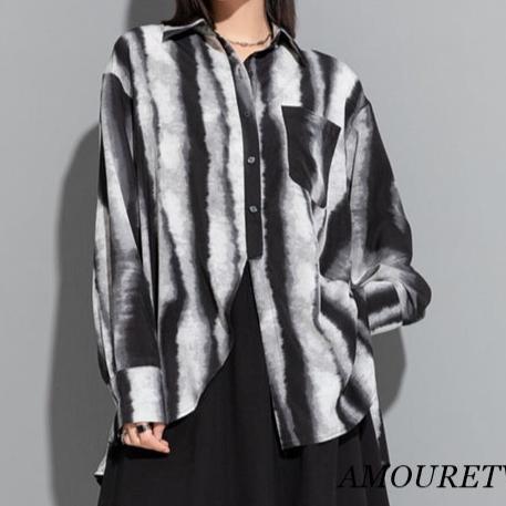 アシンメトリーストライプモノトーン白黒長袖シャツ /ユニセックス モレビー|モード系ファッションブランド