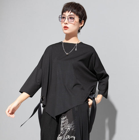 ヘムアシンメトリー七分袖Tシャツ/カットソー ホワイト ブラック /レディース モレビー|モード系ファッションブランド