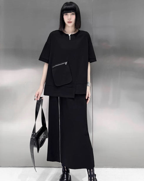 アシンメトリーセットアップ 上下セット 半袖シャツ ロングスカート ブラック /レディース モレビー|モード系ファッションブランド