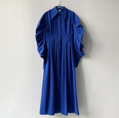 ベルト付きロングワンピース ランタンスリーブ パフスリーブ ホワイト ブルー /レディース モレビー|モード系ファッションブランド