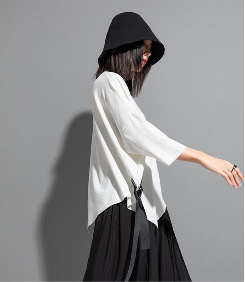 ヘムアシンメトリー七分袖Tシャツ/カットソー ホワイト ブラック /レディース モレビー|モード系ファッションブランド