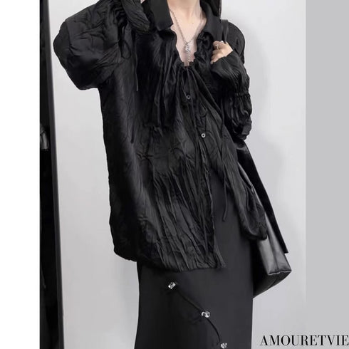 しわ加工長袖ロングシャツ/ブラウス おしゃれ クリンクル 無地 /ユニセックス モレビー|モード系ファッションブランド