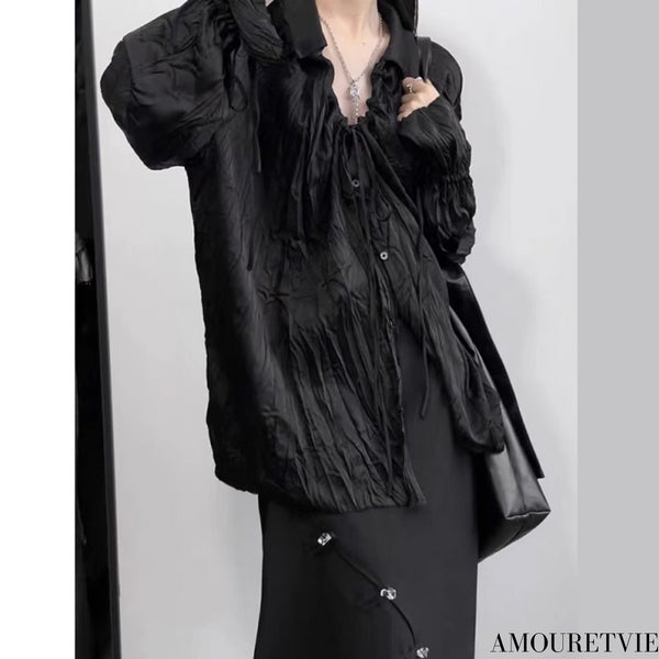 しわ加工長袖ロングシャツ/ブラウス おしゃれ クリンクル 無地 /ユニセックス モレビー|モード系ファッションブランド