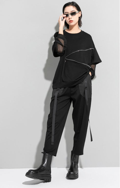 Tメッシュ仕様アシンメトリー長袖Tシャツ/カットソー ファスナー 黒 ブラック /レディース モレビー|モード系ファッションブランド